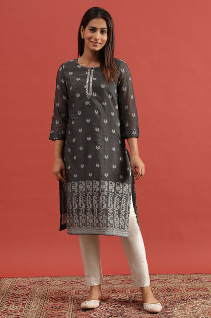 Grey Cotton Silk Jacquard Kurta With Embroidery