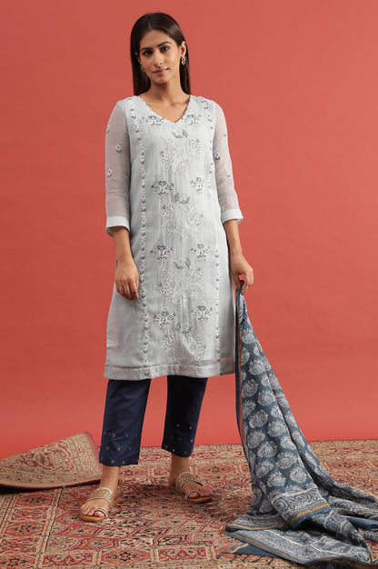 Blue Cotton Silk Kota Tepchi Embroidery Kurta