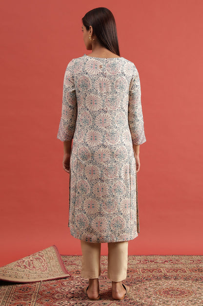 Ecru Hand Block Print Kurta In Rayon Flax
