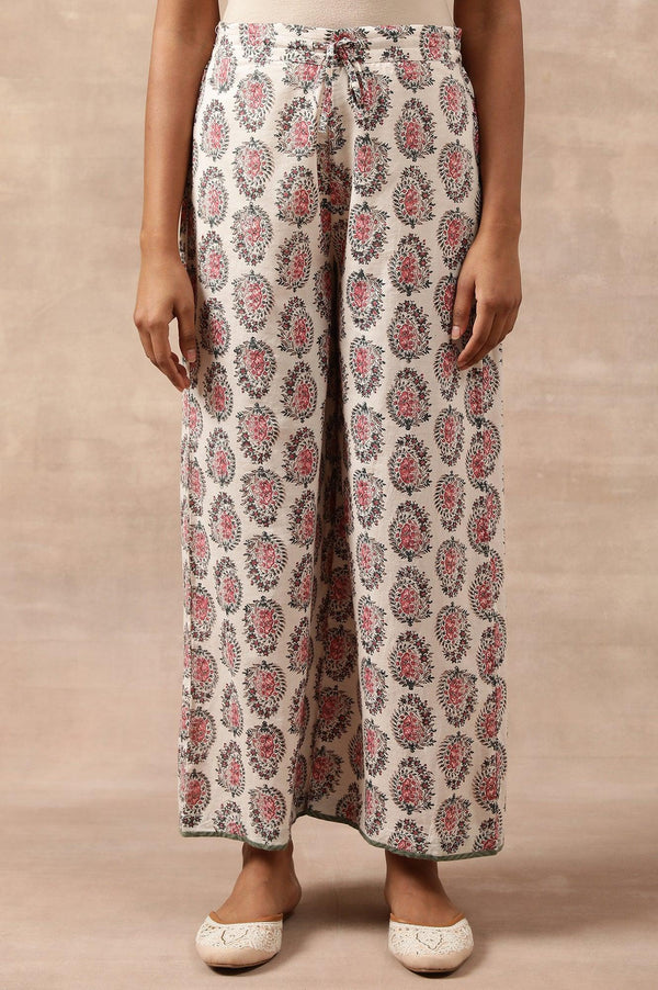 White Hand Block Buti Print Parallel Pants