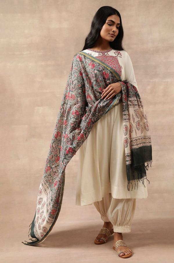 Green Multicoloured Printed Cotton Silk Drape