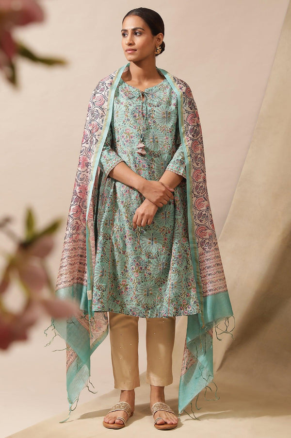 Green Multicolored Hand Block Print Drape