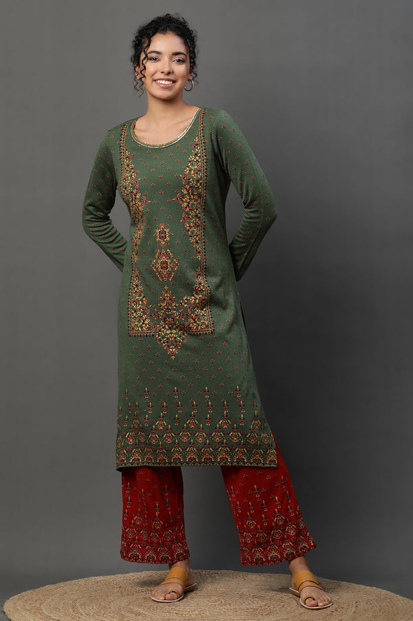 Aurelia Green Floral Printed Winter Kurta and Palazzos Set