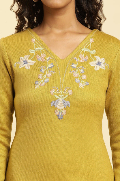 Yellow Floral Embroidered Straight Winter Kurta And Tights Set - wforwoman