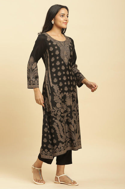 Black Jacquard Winter Kurta, Pants And Dupatta Set - wforwoman