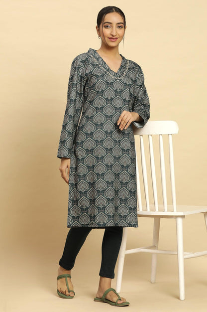 Green Printed Winter Kurta And Tights Set - wforwoman