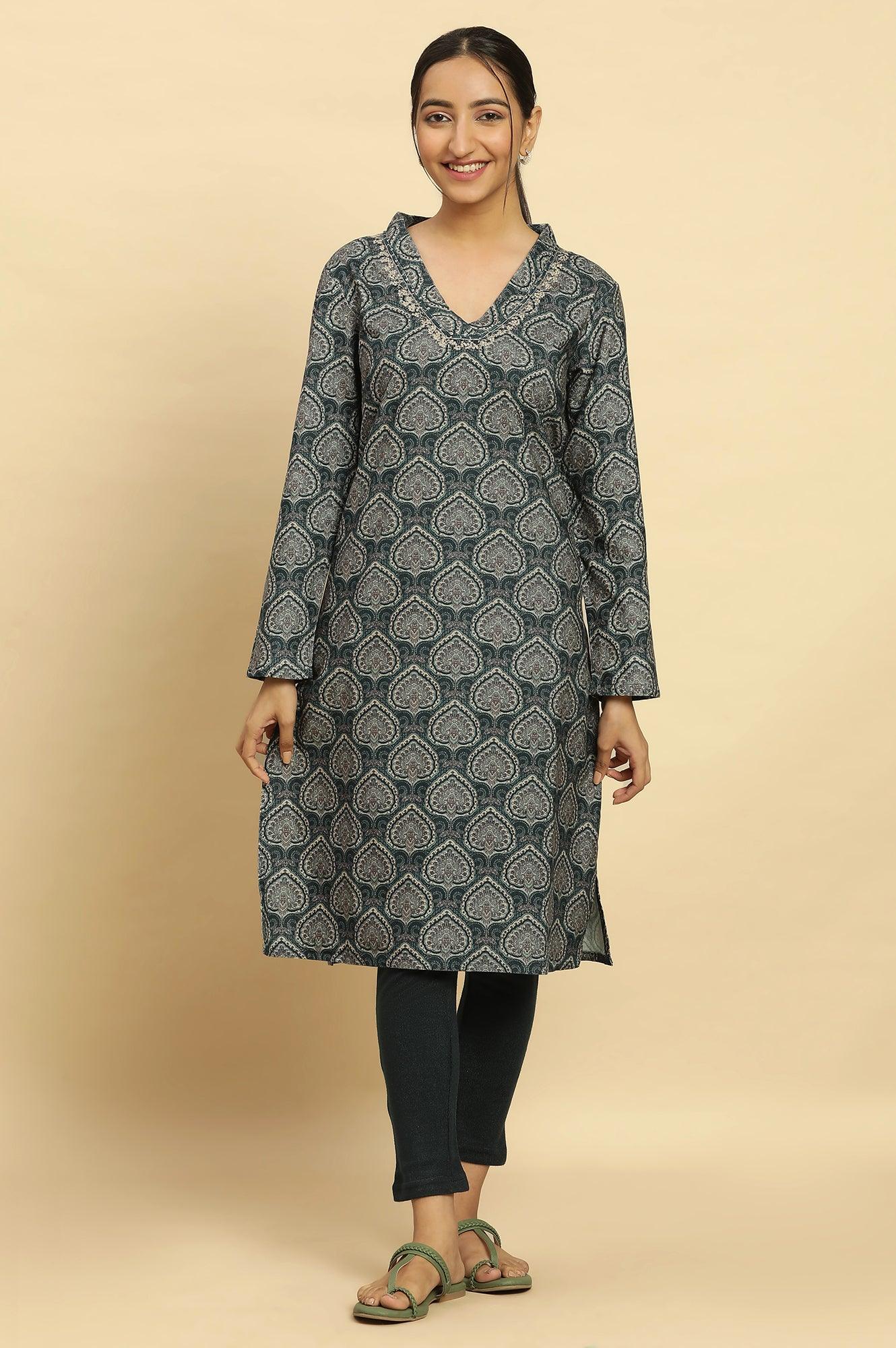 Green Printed Winter Kurta And Tights Set - wforwoman