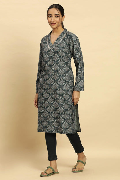 Green Printed Winter Kurta And Tights Set - wforwoman