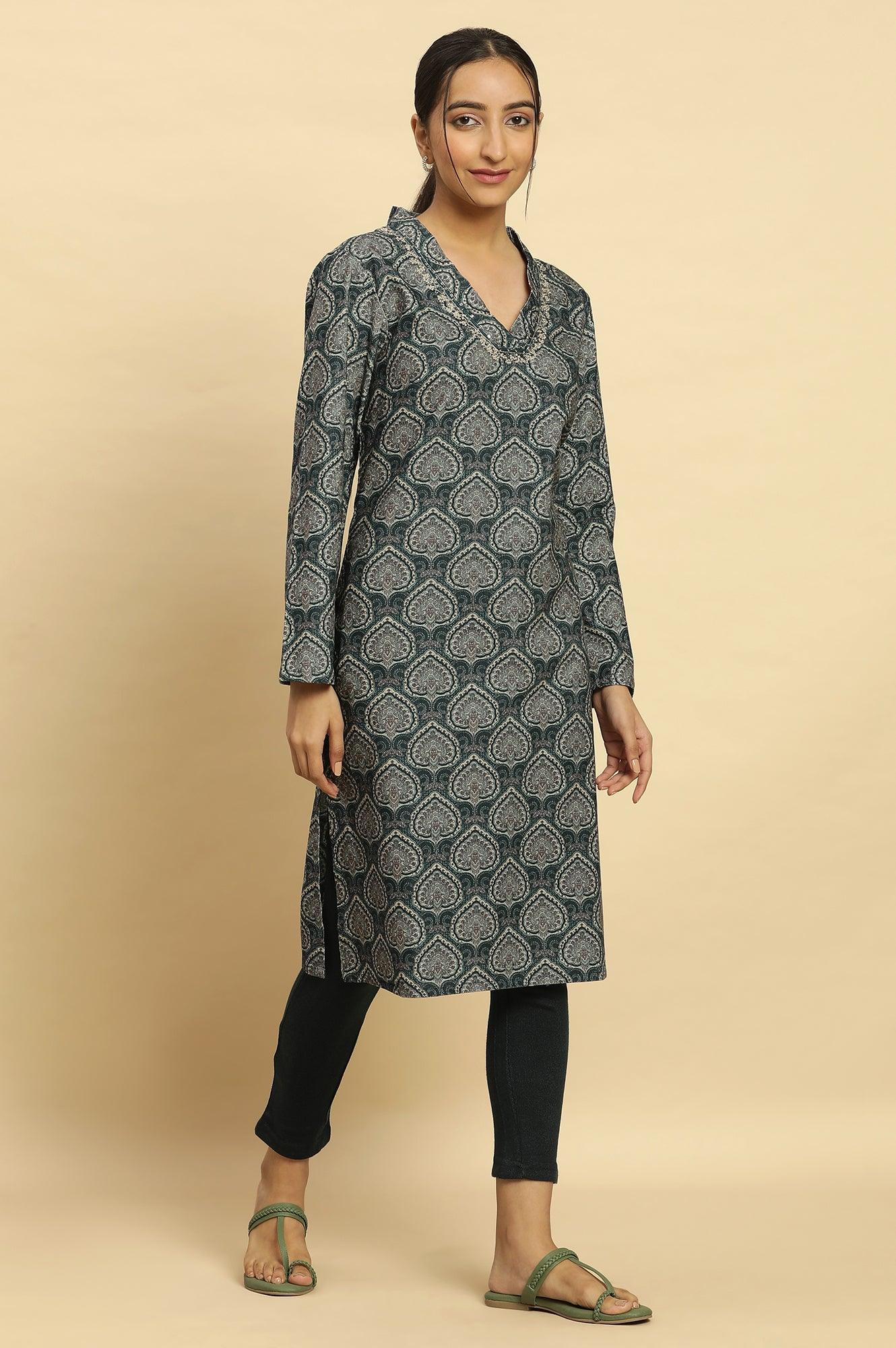 Green Printed Winter Kurta And Tights Set - wforwoman