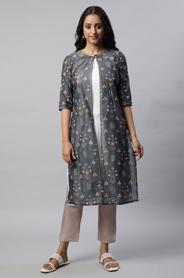 Grey Printed Chanderi Gilet and Kurta Set