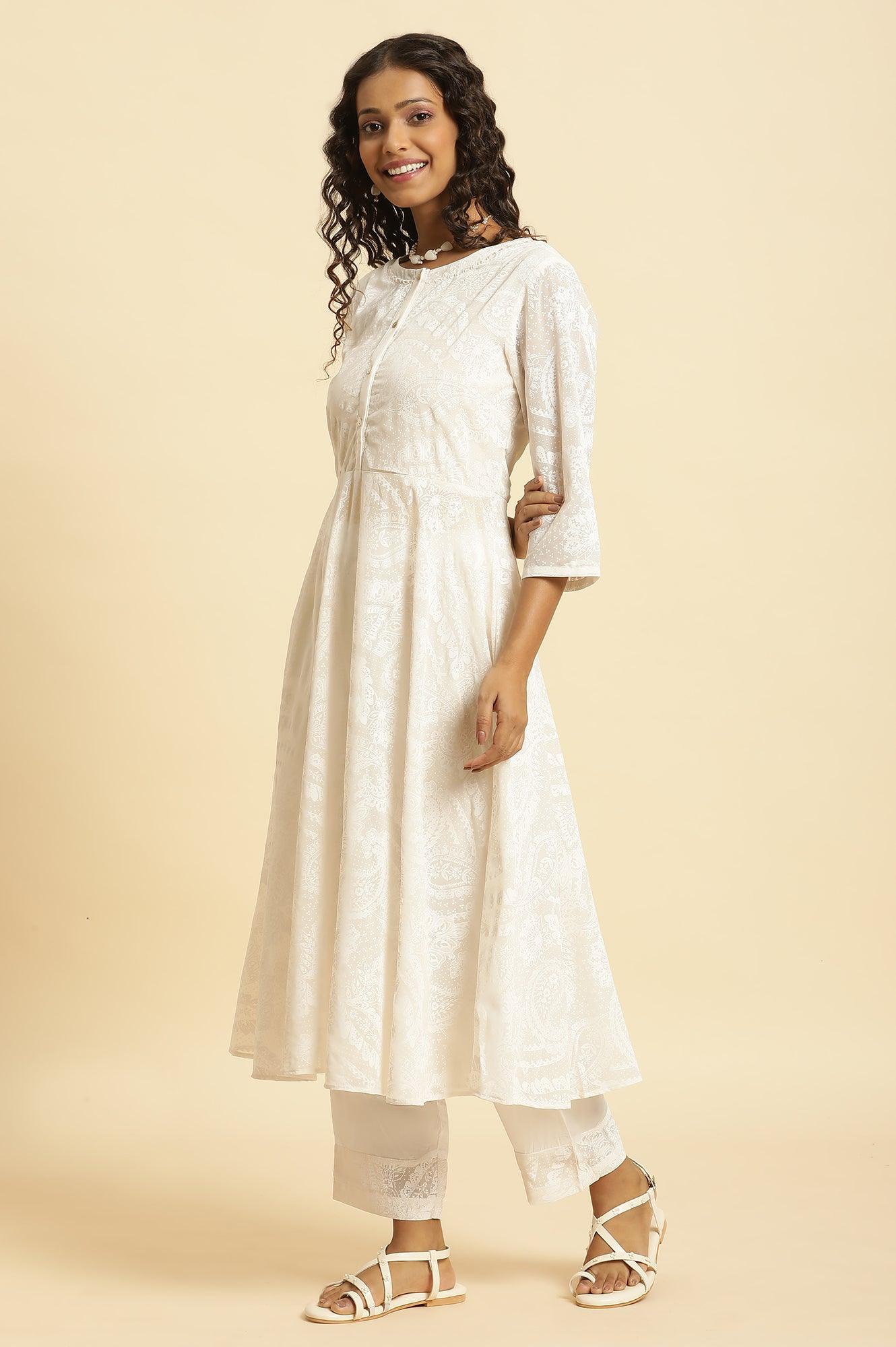 White Printed Flared Kurta And Pants Set - wforwoman