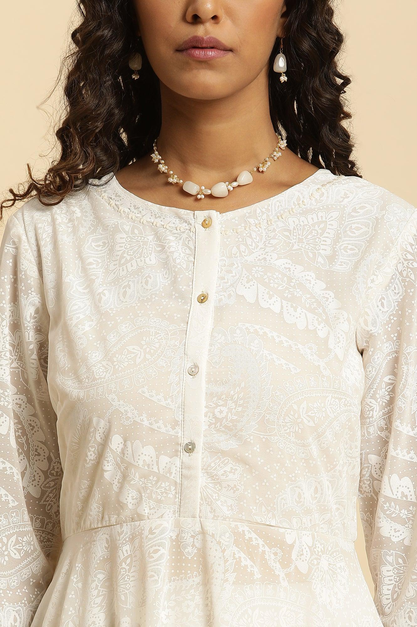 White Printed Flared Kurta And Pants Set - wforwoman