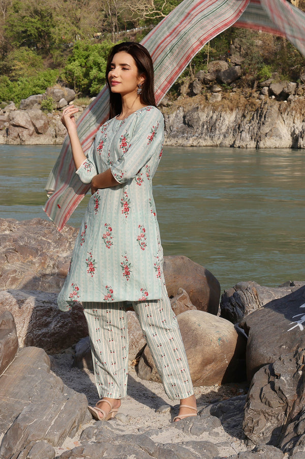 Turquoise Green Floral Printed With Lace Pure Cotton Straight Kurta and Pants Set with Kota Dupatta