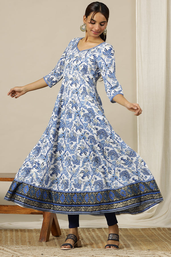 White Floral Printed Flared Kalidar Kurta In Sweetheart Neck