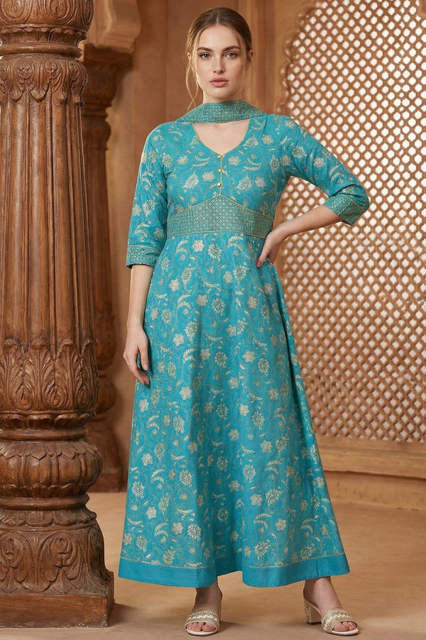 Blue Zari Embroidered Dress And Dupatta