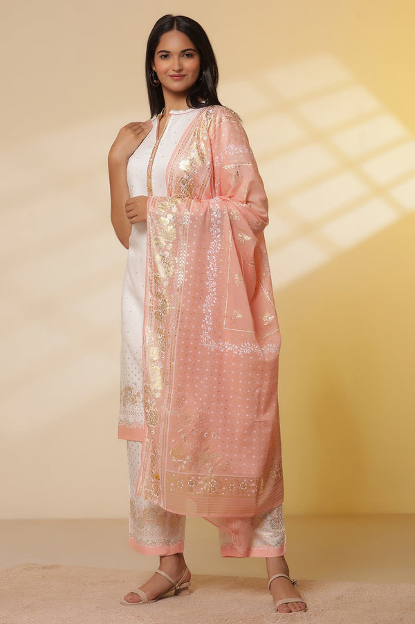 Aurelia White Floral Foil Printed Straight Kurta, Palazzo and Dupatta Set
