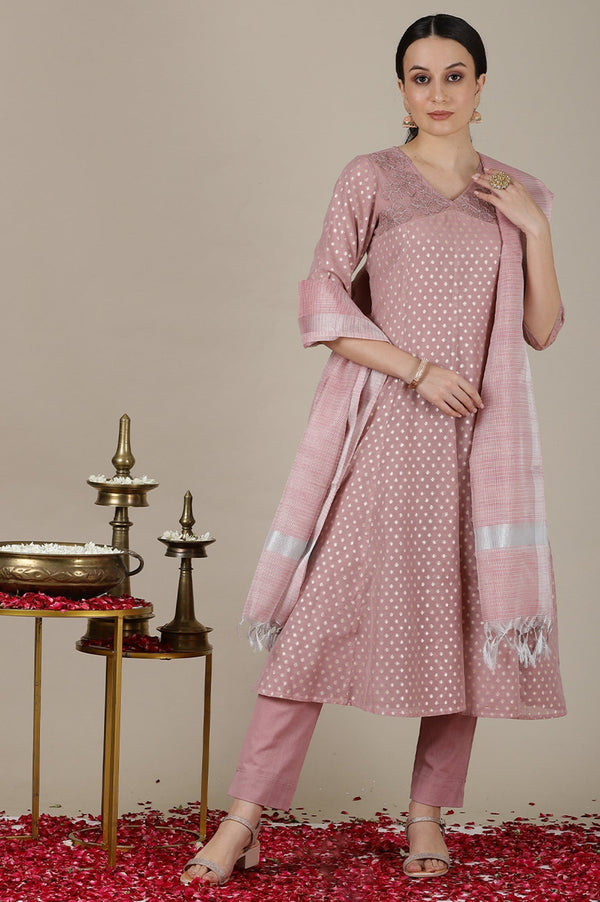 Onion Pink Yarn Dyed Dori Embroidered Anarkali Kurta, Trousers and Dupatta Set