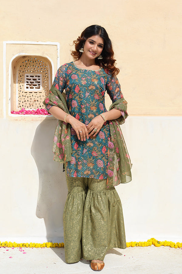 Teal Green Floral Printed Straight Kurta, Sharara and Dupatta Set