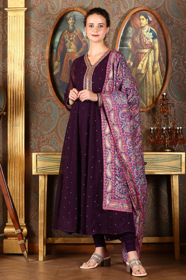 Purple Thread Embroidered Georgette Anarkali Kurta and Churidar Set with Dupatta