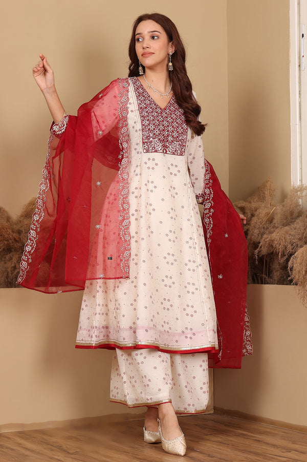 Whisper White Dot Printed Embroidered Chanderi Anarkali Kurta, Flared Pants And Dupatta Set