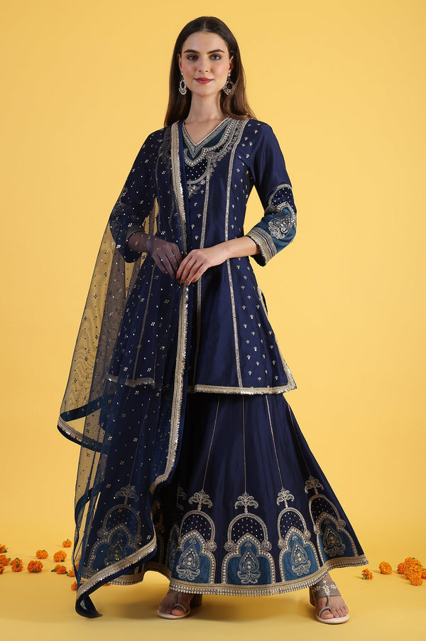 Blue Embroidered Kurta & Sharara with Dupatta Set