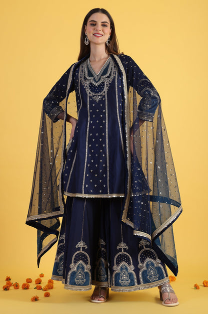 Blue Embroidered Kurta &amp; Sharara with Dupatta Set