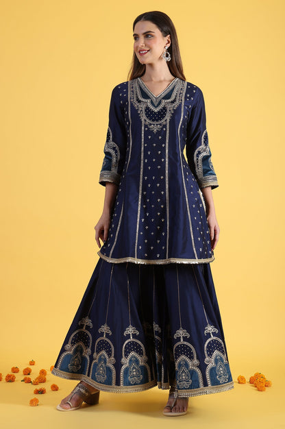 Blue Embroidered Kurta &amp; Sharara with Dupatta Set