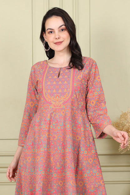 Magenta Floral Printed Pure Cotton Flared Kurta With Sequin Detail
