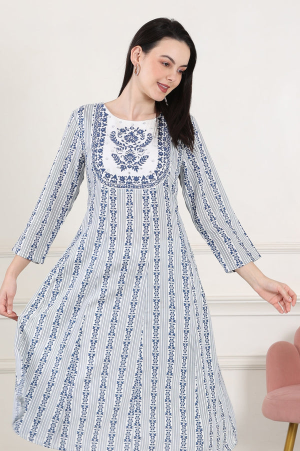 White And Blue Floral Printed Thread Embroidered A-Line Rayon Flax Kurta