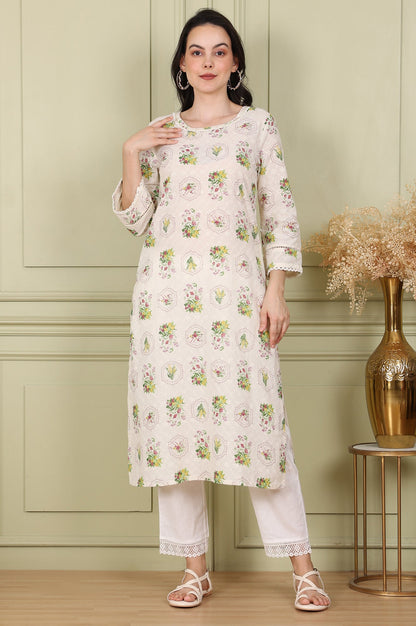 White Floral Printed Schiffli Pure Cotton Straight Kurta - wforwoman