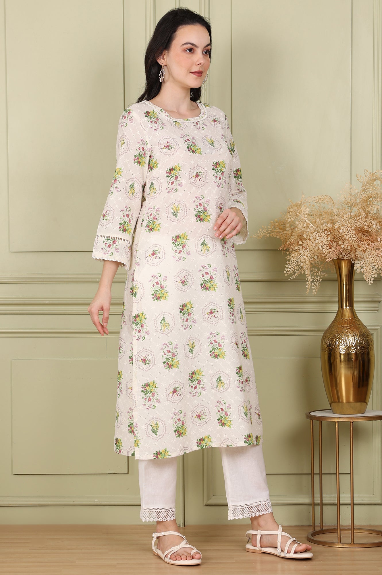 White Floral Printed Schiffli Pure Cotton Straight Kurta - wforwoman
