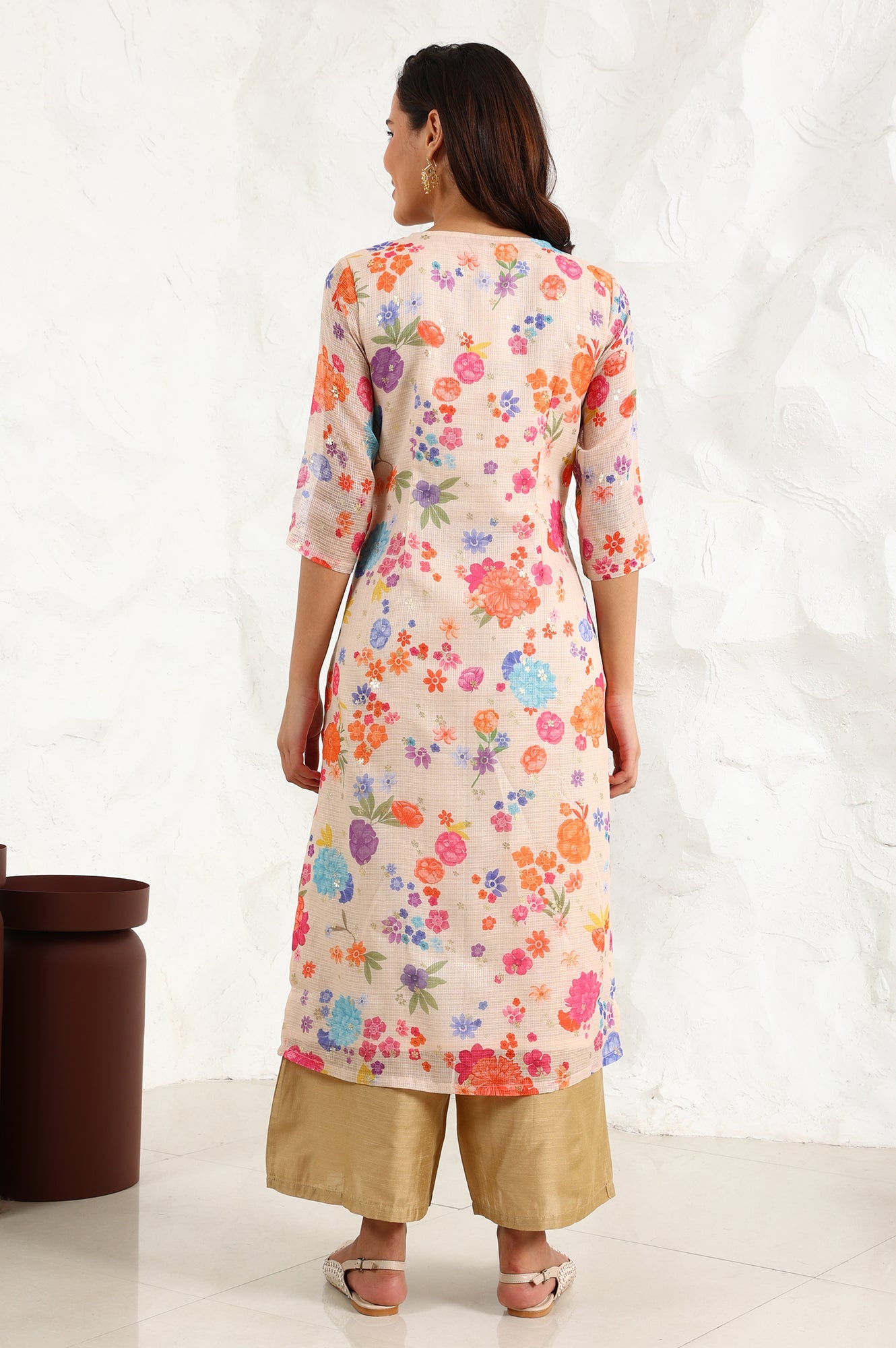 Cream Digital Foil Floral Printed Sequined Kota Straight Kurta - wforwoman