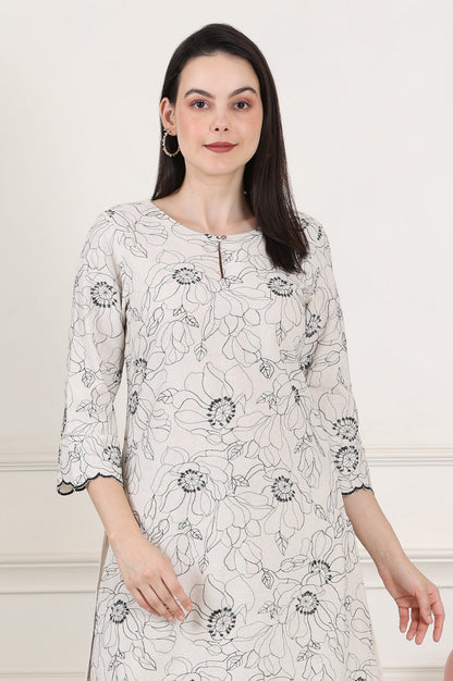 Beige Thread Work Linen Straight Kurta With Scalloped Hemline - wforwoman