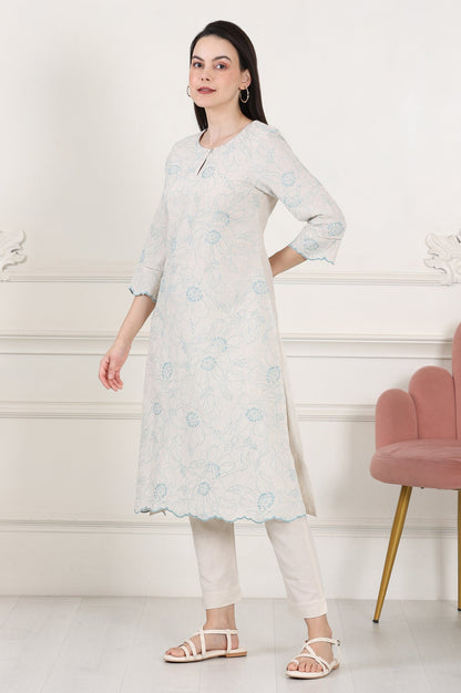 Beige Thread Work Linen Straight Kurta With Scalloped Hemline - wforwoman