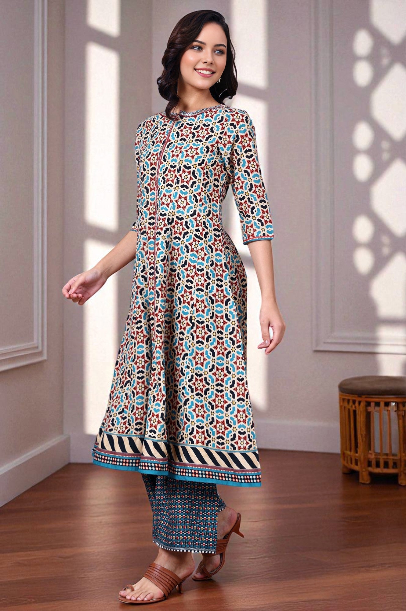 Multi-Coloured Geometric Printed Pure Cotton Flared Kurta With Metallic Embroidered Neckline