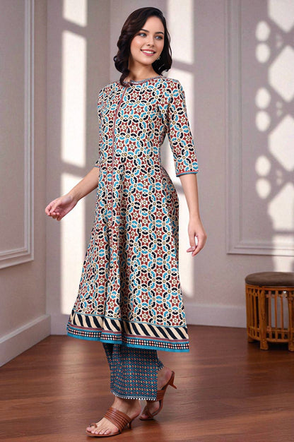 Multi-Coloured Geometric Printed Pure Cotton Flared Kurta With Metallic Embroidered Neckline