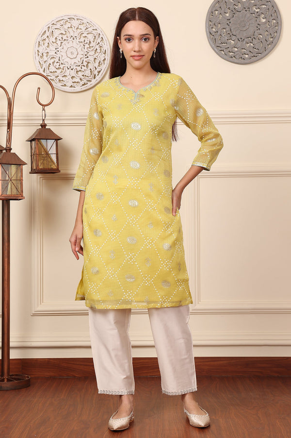 Yellow Foil Printed Kota Doriya Kurta With Zari Embroidered Neck