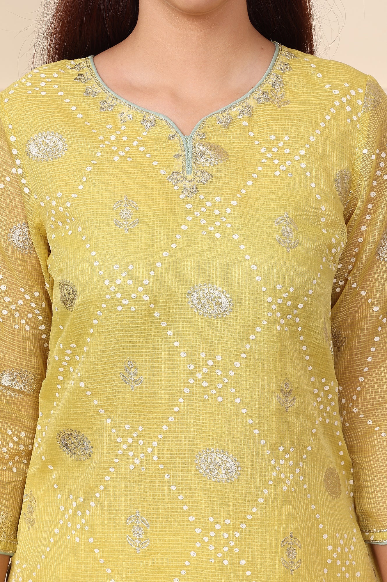 Yellow Geometric Foil Printed Zari Embroidered Straight Kota Doriya Kurta