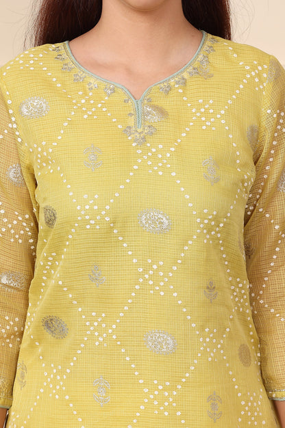 Yellow Geometric Foil Printed Zari Embroidered Straight Kota Doriya Kurta