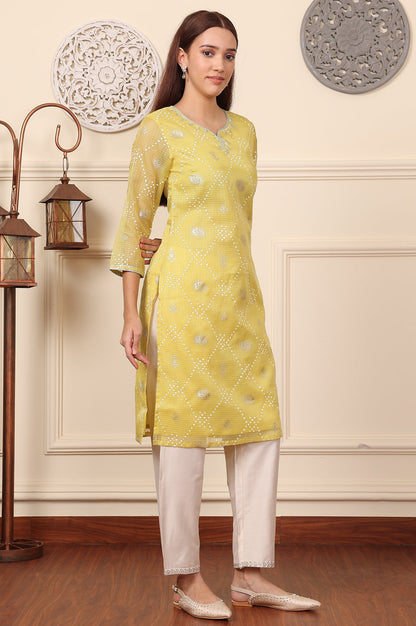 Yellow Geometric Foil Printed Zari Embroidered Straight Kota Doriya Kurta