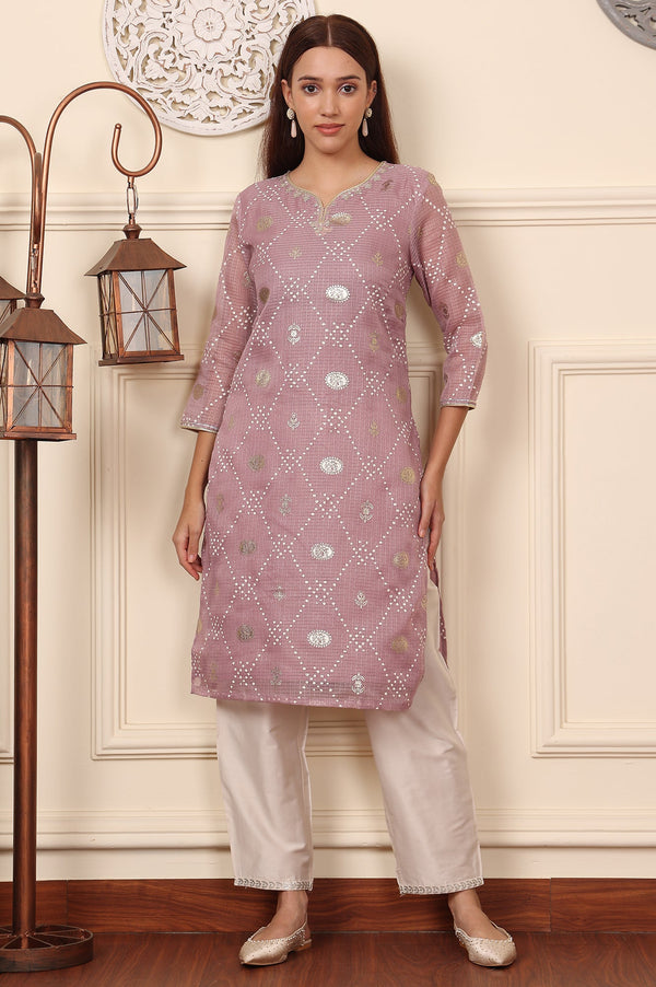 Lilac Foil Printed Kota Doriya Kurta With Zari Embroidered Neck