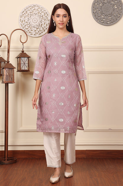 Purple Geometric Foil Printed Zari Embroidered Straight Kota Doriya Kurta