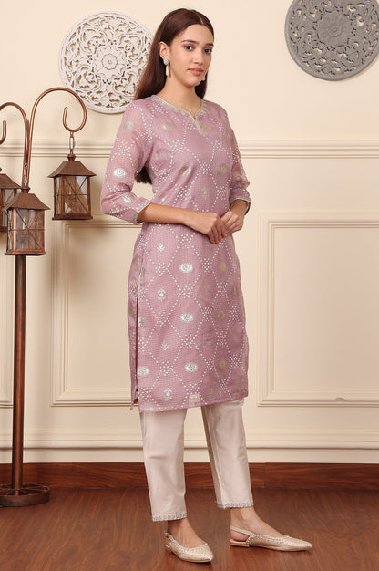 Purple Geometric Foil Printed Zari Embroidered Straight Kota Doriya Kurta