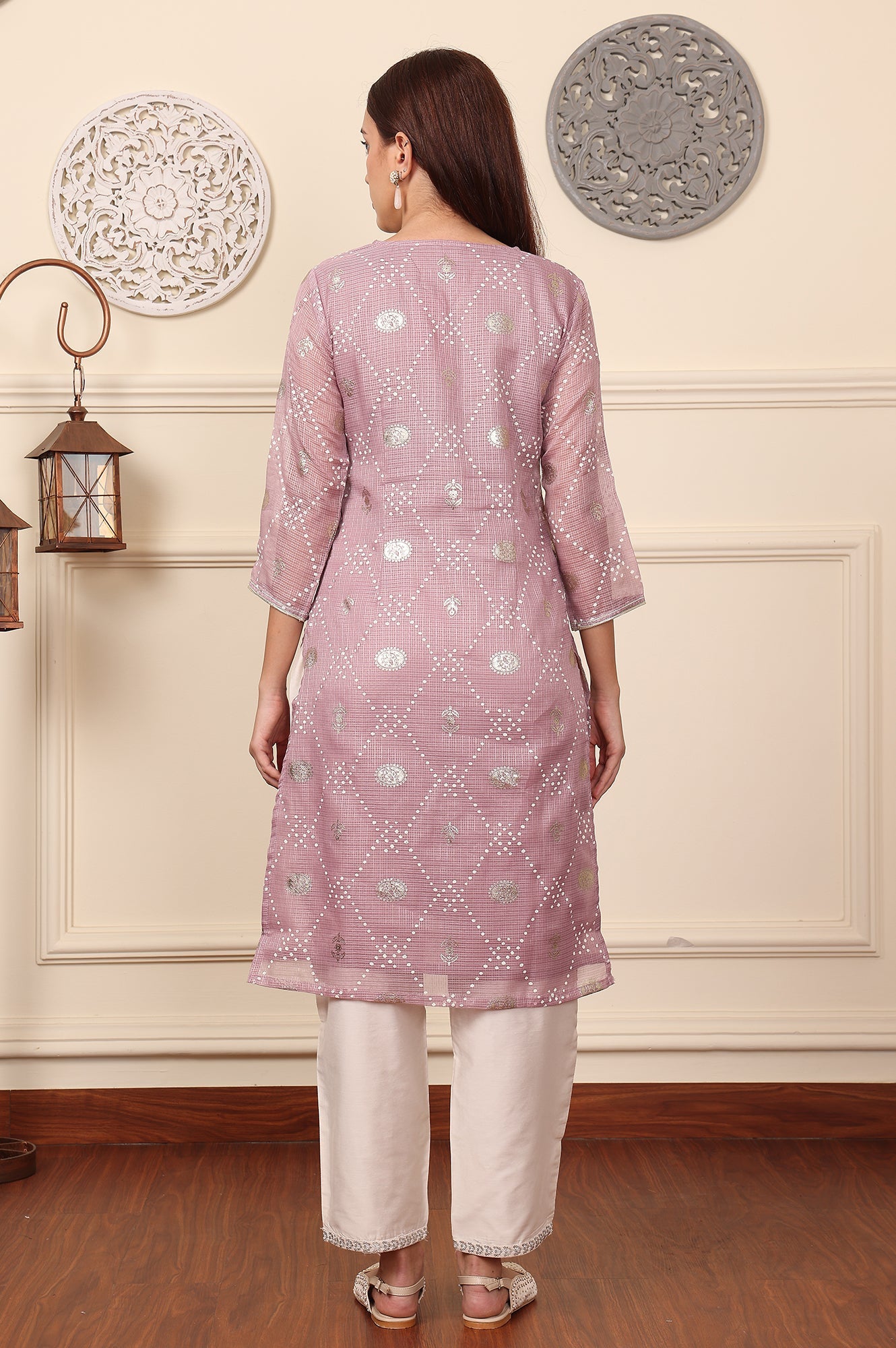 Purple Geometric Foil Printed Zari Embroidered Straight Kota Doriya Kurta