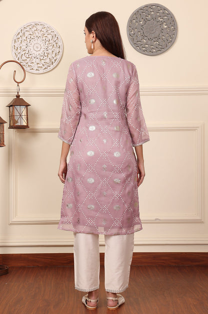 Purple Geometric Foil Printed Zari Embroidered Straight Kota Doriya Kurta