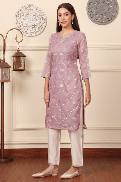 Purple Geometric Foil Printed Zari Embroidered Straight Kota Doriya Kurta