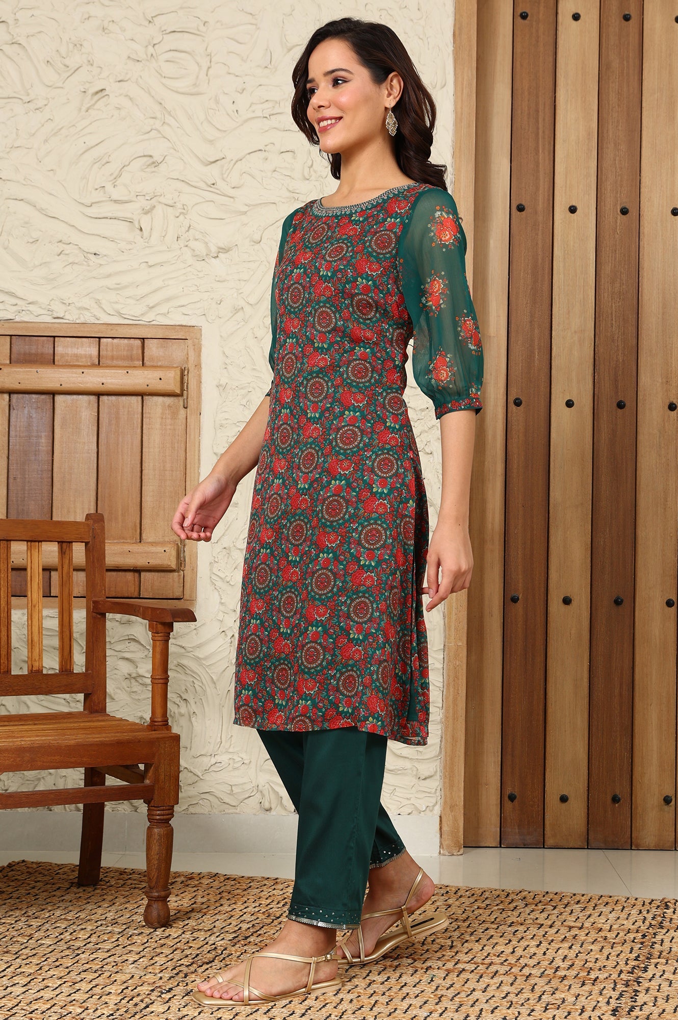 Green Floral Printed Dori Embroidered Chiffon Kurta With Attached Lining - wforwoman