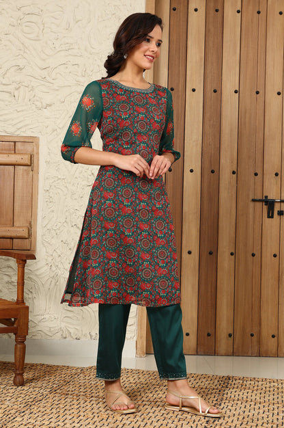 Green Floral Printed Dori Embroidered Chiffon Kurta With Attached Lining - wforwoman