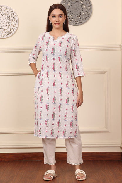 Off White Floral Lace Trim Straight Cotton Kurta