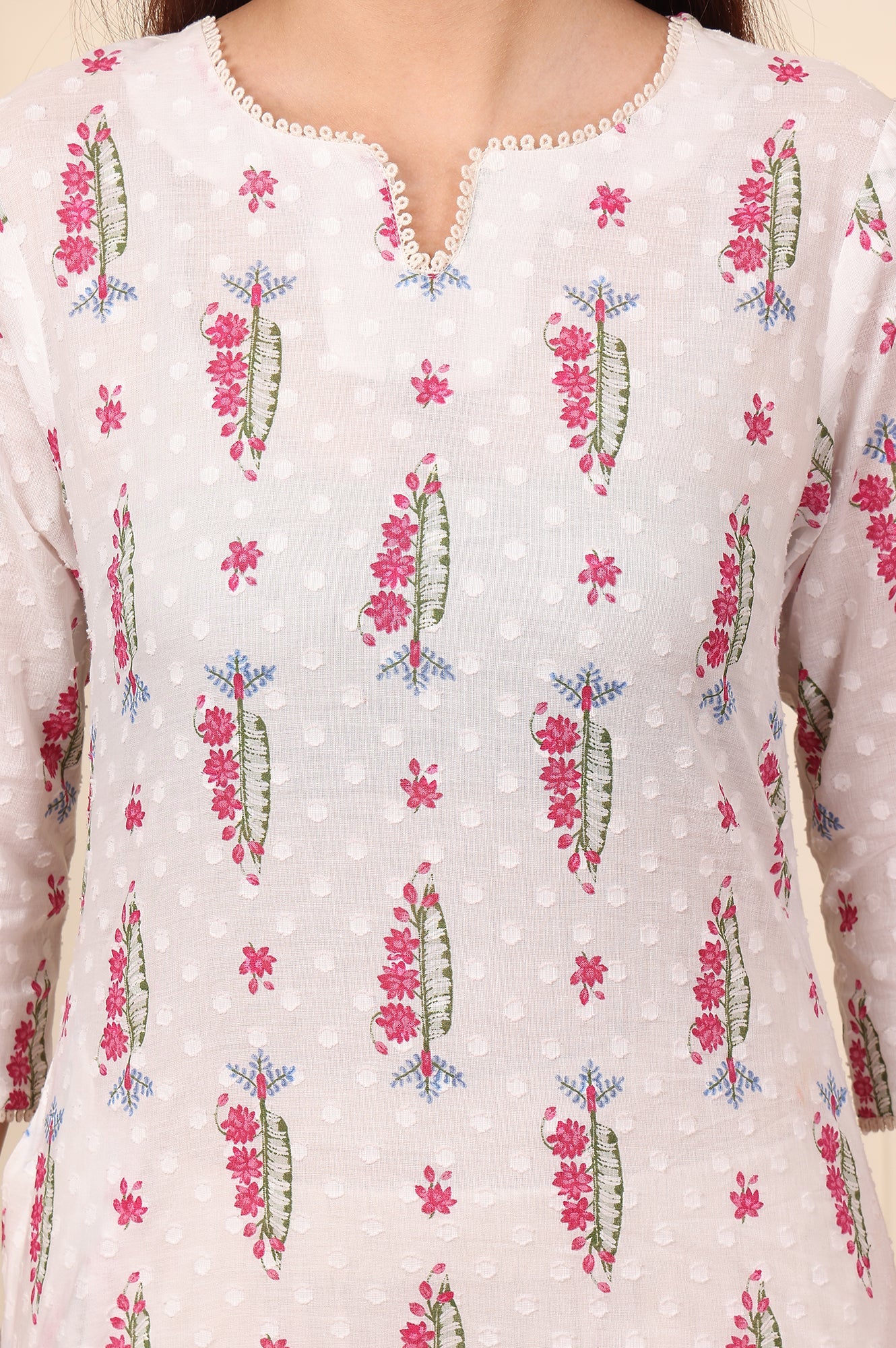 Off White Floral Lace Trim Straight Cotton Kurta
